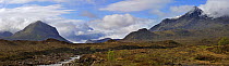 Panoramic view Black Cuillin Hills viewed from Sligachan on the Island of Skye, Inner Hebrides, Scotland, May 2010