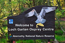 Welcome sign at entrance of the RSPB Loch Garten Osprey Centre in the Cairngorms National Park, Scotland, UK, May 2010
