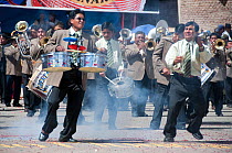 Band performing at the Oruro Carnival, the biggest annual cultural event in Bolivia, with Morenada music and dancing originating from the Bolivian Andes, Bolivia, South America, February 2009.