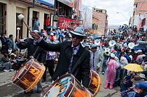 Drummers during parade performance at the Oruro Carnival, the biggest annual cultural event in Bolivia, with Morenada music and dancing originating from the Bolivian Andes, Bolivia, South America, Feb...