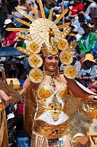 Inca dancers during parade performance at the Oruro Carnival, the biggest annual cultural event in Bolivia, with Morenada music and dancing originating from the Bolivian Andes, Bolivia, South America,...