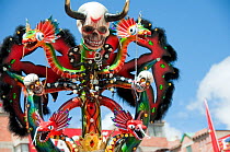 Oruro Carnival, close-up of ornamental costumes used in the performance traditional 'Diablada' dances, characterised by a mask and devil suit wore by the dancers. This is the biggest annual cultural e...