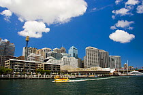 Jetboat leaving Darling Harbour and Downtown Sydney, Australia.