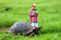 Young boy getting ready to photograph Galapagos giant tortoise (Geochelone elephantopus). Santa Cruz Island, Galapagos Archipelago, Ecuador. Model released.