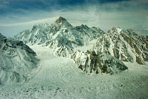 Aerial view of glaciated valley of Concordia, Karakoram Mountains, Himalayas, Pakistan. From Pakistani military helicopter for BBC series Planet Earth April 2005
