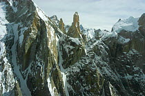 Aerial view of Trango towers in the Karakoram Mountains, Himalayas, Pakistan, from Pakistani military helicopters for BBC series Planet Earth April 2005