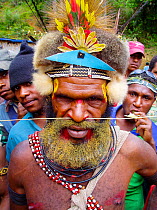 Portrait of Huli tribesman, and villagers, who helped film crew film Birds of Paradise, Papua New Guinea. Filming for BBC Planet Earth, Jungles episode, 2005