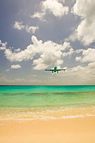 Aeroplane coming in to land at Juliana Airport, Maho Bay, near Philipburg, St. Maarten (Dutch side of island) Caribbean. August 2006.