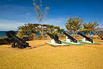 Line of cannons, Fort King George near Scarborough in Tobago, Caribbean. March 2008.