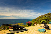 Cannons and coastline, at Fort King George near Scarborough in Tobago, Caribbean. March 2008.