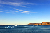 Icebergs and glacier under clear blue sky, Croker Bay, Devon Island, Nunavut, Canada,  August 2010