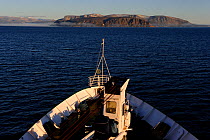 View from deck of a cruise ship cruising through Sunshine Fjord, Baffin Island, Nunavut, Canada, August 2010