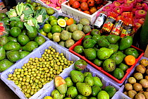 Boxes of local fruits and produce at market, Nuwara Eliya, Sri Lanka, June 2010.