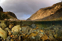 Split-level image of Afon Nant Peris and the Llanberis Pass, with underwater views of the freshwater habitat. Snowdonia NP, Wales, UK, December 2009