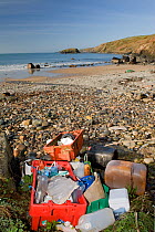 Collection of rubbish on Porth Ysgo beach, Gwynedd, North Wales, UK, April 2010.