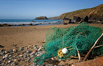 Discarded or lost fishing net, Porth Ysgo beach, Gwynedd, North Wales, UK, April 2010.