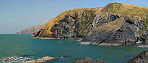 Panoramic view of coastline at Penderi Cliffs nature reserve, showing sediment layers which are devoid of fossils, Ceredigion, West Wales, UK, April 2010