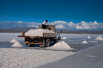 Workers mining salt from Salar Uyuni, the worlds biggest salt pan. Bolivan Altiplano, Bolivia. February 2009.