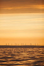 Wind turbines near Kilmore Quay viewed from boat at dawn. Co. Wexford, Republic of Ireland, Europe June 2010.