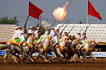 Traditionally dressed Berber warriors, mounted on Barb and Arab Barb horses, gallop in formation firing their guns during the Fantasia in Dar Es Salam, Morocco, June 2010
