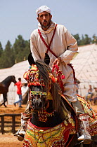 A tradionally dressed Berber warrior riding his Arab Barb stallion during the Fantasia, in Dar Es Salam, Morocco, June 2010