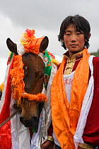 The winner of the endurance race and his Tibetan horse are covered with scarves, during the horse festival, near Huangyan, in the Garze Tibetan Autonomous Prefecture in the Sichuan Province, China, Ju...