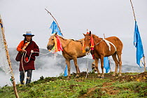A Khampa warrior picks up his two Tibetan horses, before the endurance race, during the horse festival, near Huangyan, in the Garze Tibetan Autonomous Prefecture in the Sichuan Province, China, June 2...