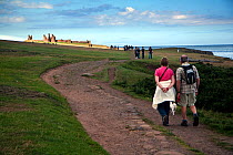 People walking along the coast path between Dunstanburgh Castle and Craster Harbour, Northumberland Coast Area of Outstanding Natural Beauty (AONB), England, July 2010.
