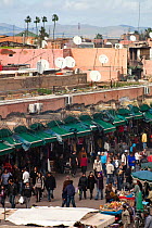 Market stalls and shops around the Djemma el Fna, Marrakech, Morocco, February 2010.