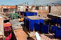 Hand-dyed scarves on rooftop in the dye souk, Marrakech, Morocco, March 2010.