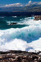Waves breaking onto rocky shore, northeast coast of Corfu, with the Albanian coast in the background, Corfu, Greece, June 2010.