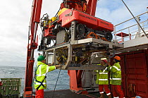 Launching ROV Isis (remotely operated vehicle) from James Cook research vessel over the mid Atlantic ridge, June 2010