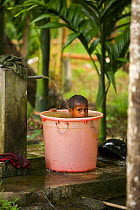 A child taking a bath in a large bucket. Waifoy Village, Waigeo Island, West Papua, Indonesia, April 2007