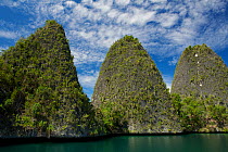 A trio of peaks in the Wayag  Islands, an uninhabited group of uplifted limestone (karst) islands, NW of Waigeo Island. West Papua, Indonesia, April 2007