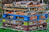 Insect hotel  / Artificial nest holes and shelter for insects and invertebrates, in garden, England, UK, August 2010
