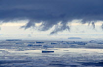 Summer sea ice and icebergs seen through cloud, Antarctica, 1998.
