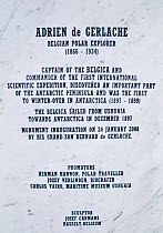 Plaque below the bust of polar explorer Adrien de Gerlache, on the seafront at Ushuaia, Argentina, 2009.