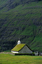 Small church with turf roof at Saksun. Streymoy, Faroe Islands, Denmark.