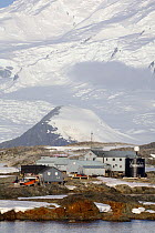 Ukrainian Antarctic Research Station Vernadsky, (formerly Faraday) with glaciers beyond. Graham Land, Antarctica, February 2009.