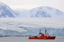 Spanish Antarctic Research vessel A33 "Hesperides" passing a glacier in Marguerite Bay, Antarctica, February 2009.