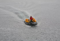 Zodiac powering through frazil ice in the harbour at Stromness after many hours of sleet. South Georgia, 2009.