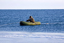 Yupik Eskimo hunter using inflatable boat to retrieve seals they have shot in Tkachen Bay. Chukotskiy Peninsula, Chukotka, Siberia, Russia, 2010