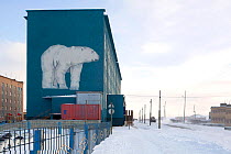 Mural of Polar bear on apartment block on Dezhnova Street in Lavrentiya. Chukotskiy Peninsula, Chukotka, Siberia, Russia, 2010
