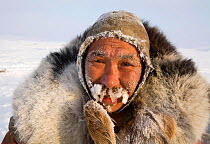 Chukchi herder iced up at -30 C during winter. Chukotskiy Peninsula, Chukotka, Siberia, Russia, spring 2010