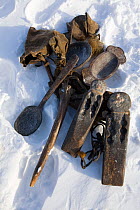Idols and other traditional sacred objects used by Chukchi reindeer herders in rituals to protect their family and herd. Chukotskiy Peninsula, Chukotka, Siberia, Russia, spring 2010