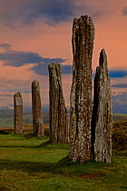 Standing stones in the Neolithic henge of the Ring of Brodgar, built between 2500 and 2000 BC and originally composed of some 60 stones although only 27 remain standing today. Orkney Islands, Scotland...
