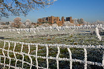 Kenilworth Castle viewed through fence, covered in hoar frost, Warwickshire, England, UK, December 2010