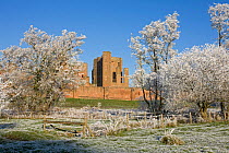 Kenilworth Castle, with hoar frost covering field and trees, Warwickshire, England, UK, December 2010