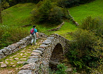 Hiker walking along track over stone bridge, Vega de Pas, Cordillera cantabrica, Cantabria, Northern  Spain, October 2006