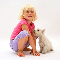 Portrait of young blonde haired girl playing with West Highland White Terrier puppy. Model released